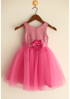 Hot Pink Sequin Sleeveless Flower Girl Dress